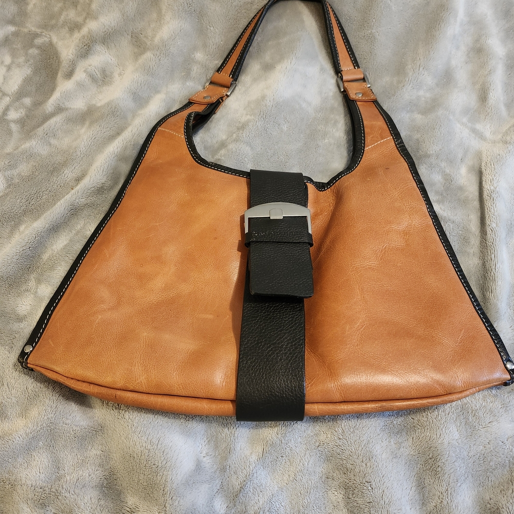 Sophia Visconti Tan and Black Leather Shoulder Bag